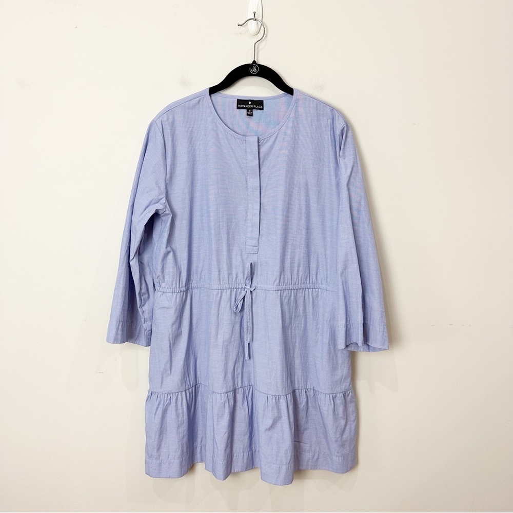 Pomander Place Lucy Dress Blue Chambray 3/4 sleeve Mini Tiered